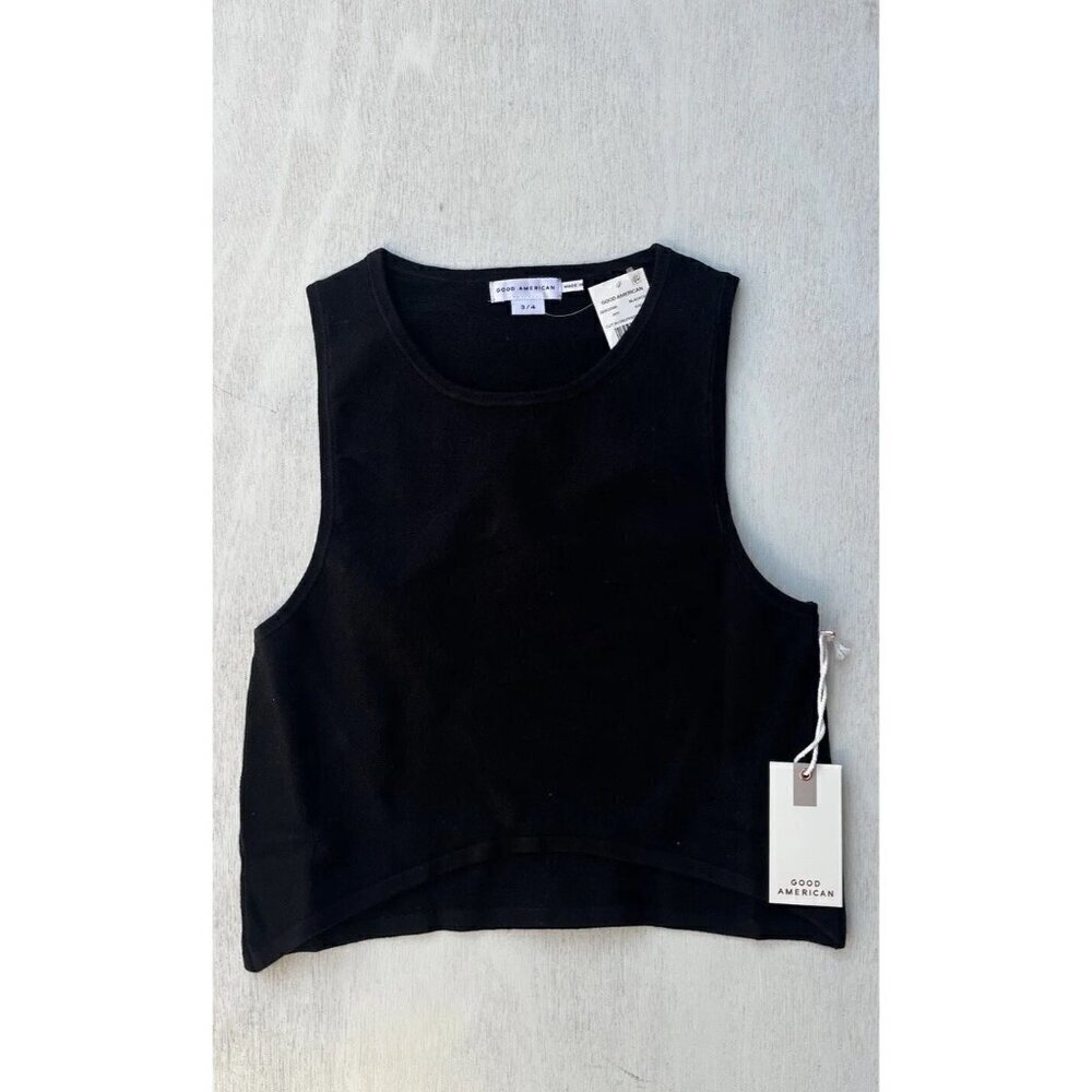 Good American Black Knit Cut In Cropped Pullover Sweater Size 3/4